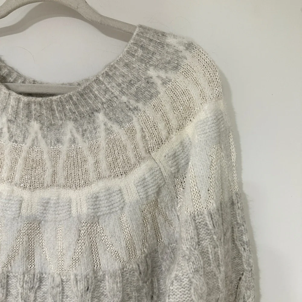 White House Black Market Fair Isle Cable Knit Sweater Women S Gray Metallic Wool